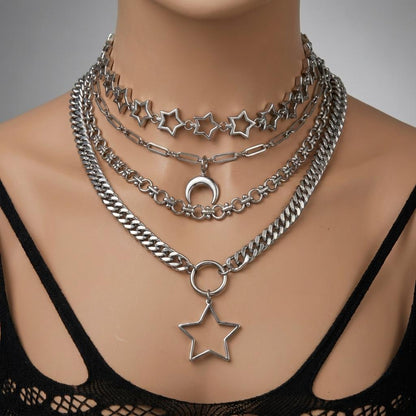 Stainless Steel Layered Star Necklace Set, Star Choker and Crescent Moon Chain, Gothic Celestial Necklace, Two Piece Layered Necklace