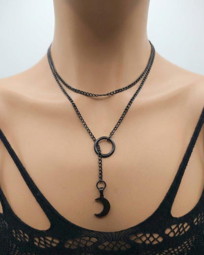 Black Steel Crescent Moon Minimalist Y Necklace | Adjustable Waterproof Gothic Witchy Jewelry