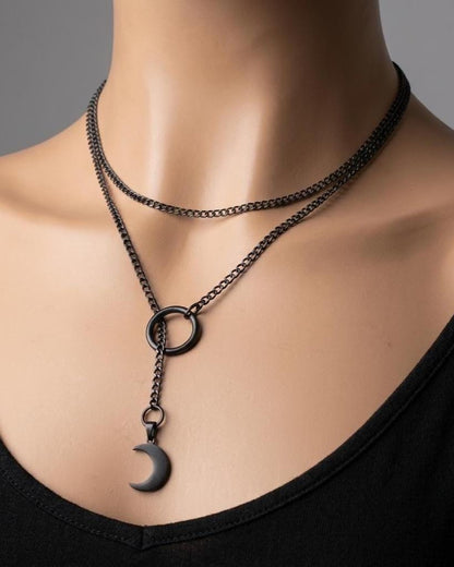 Black Steel Crescent Moon Minimalist Y Necklace | Adjustable Waterproof Gothic Witchy Jewelry
