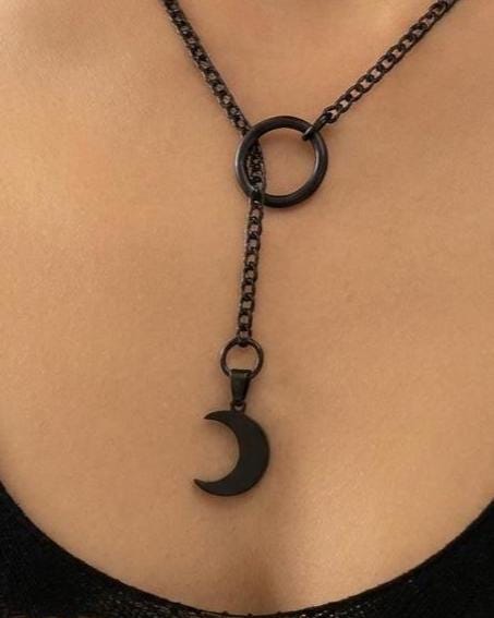 Black Steel Crescent Moon Minimalist Y Necklace | Adjustable Waterproof Gothic Witchy Jewelry