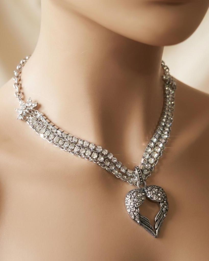 Angel Wing Heart Necklace Triple Strand Rhinestone Choker - Statement Jewelry - Gothic Wedding Jewelry