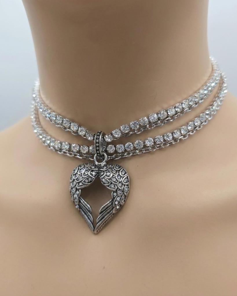 Angel Wing Heart Necklace Triple Strand Rhinestone Choker - Statement Jewelry - Gothic Wedding Jewelry