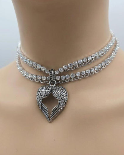 Angel Wing Heart Necklace Triple Strand Rhinestone Choker - Statement Jewelry - Gothic Wedding Jewelry