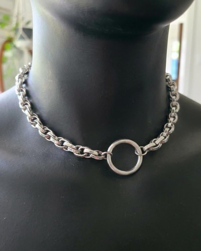 Steel Day Collar Necklace O Ring Choker, Adjustable, Locking Option, Unisex Goth Jewelry, 14–20 Inch