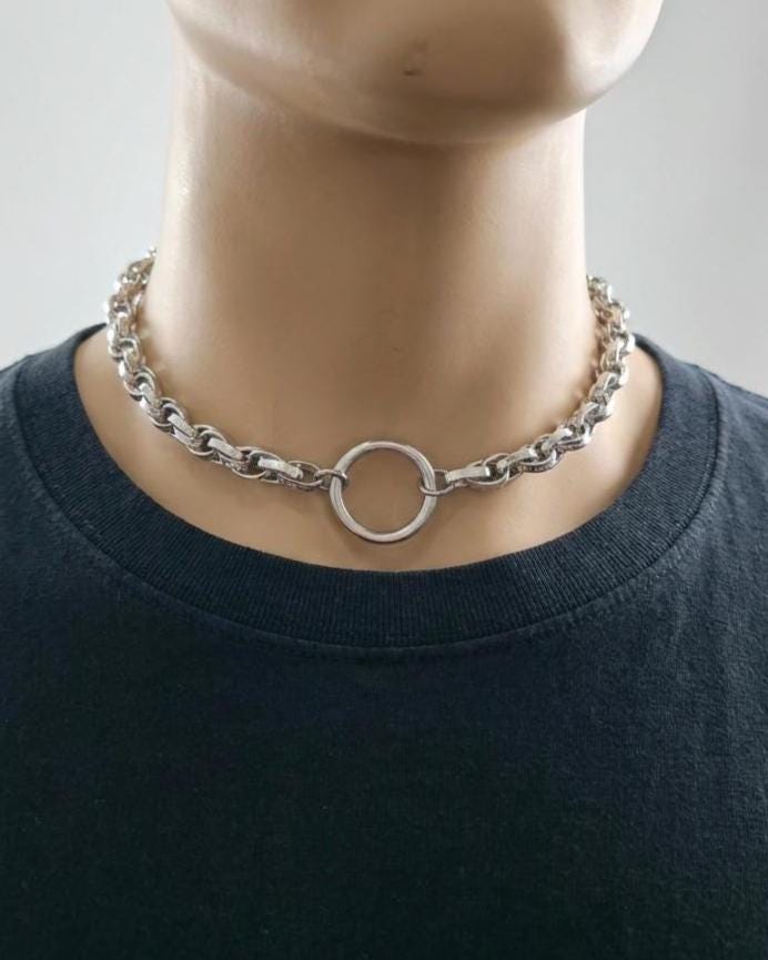 Steel Day Collar Necklace O Ring Choker, Adjustable, Locking Option, Unisex Goth Jewelry, 14–20 Inch