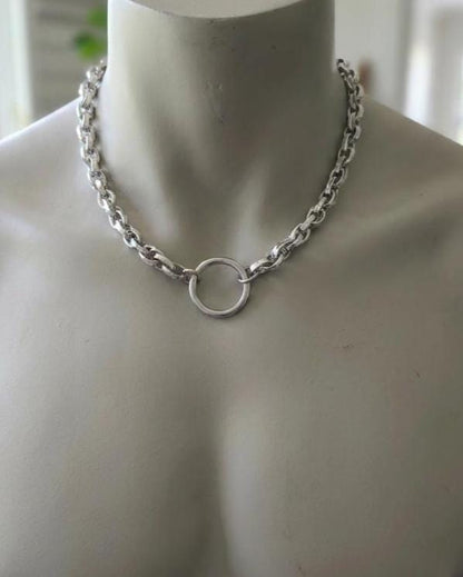 Steel Day Collar Necklace O Ring Choker, Adjustable, Locking Option, Unisex Goth Jewelry, 14–20 Inch