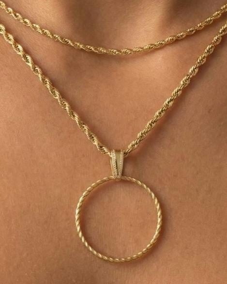 Gold Steel Layered Elegant Day Collar Necklace, Braided dainty O-Ring Pendant, Symbolic Necklace