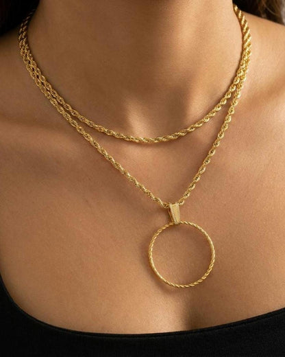 Gold Steel Layered Elegant Day Collar Necklace, Braided dainty O-Ring Pendant, Symbolic Necklace