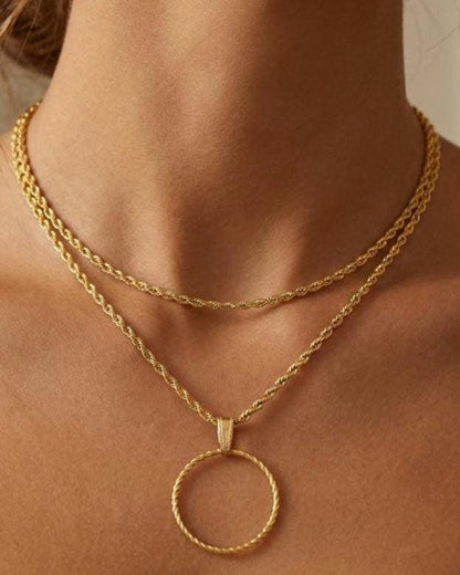 Gold Steel Layered Elegant Day Collar Necklace, Braided dainty O-Ring Pendant, Symbolic Necklace