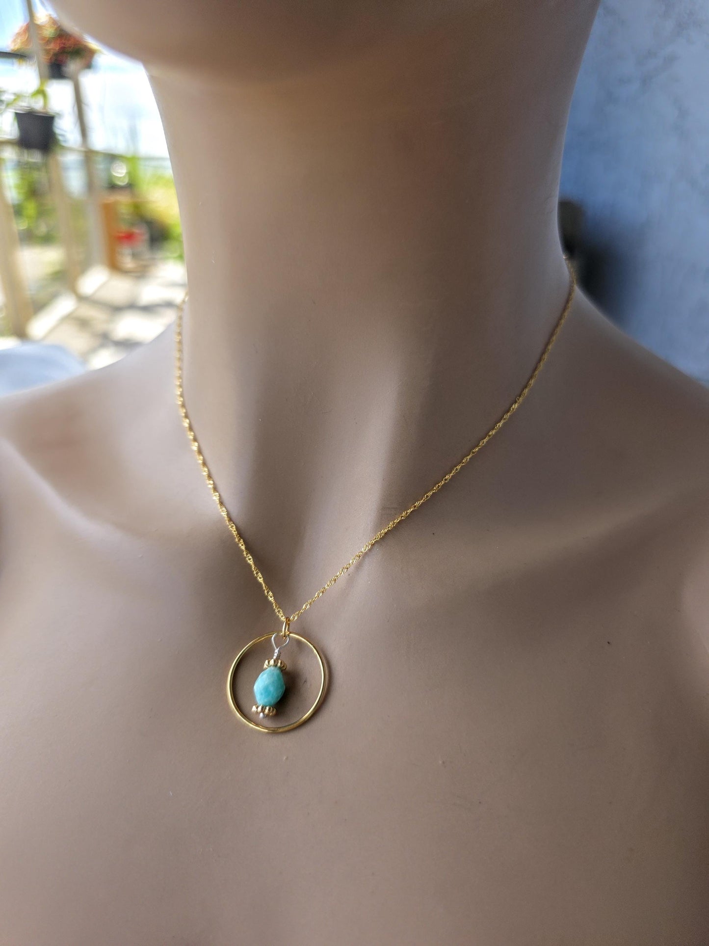 18 k Gold Vermeil Day Collar O Ring Necklace With Larimar - Luxury Handcrafted Artisan Partner Jewelry