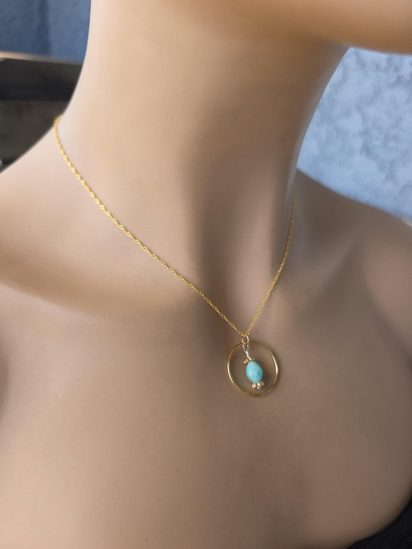 18 k Gold Vermeil Day Collar O Ring Necklace With Larimar - Luxury Handcrafted Artisan Partner Jewelry
