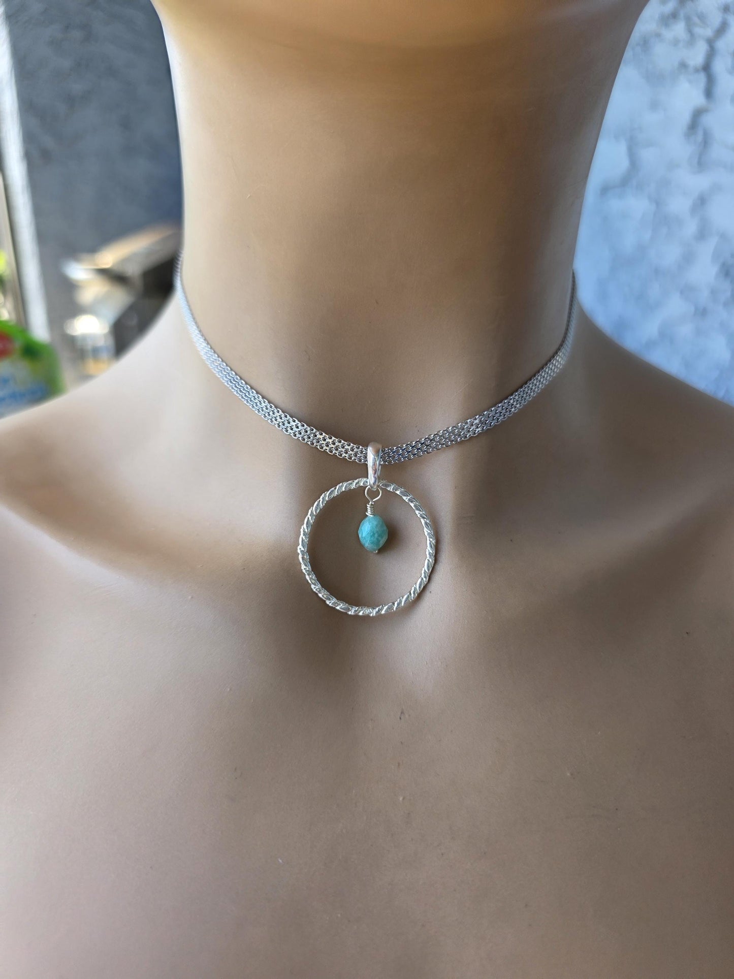 Sterling Silver Day Collar Necklace with Larimar - Locking Option - Handmade Artisan Partner Jewelry