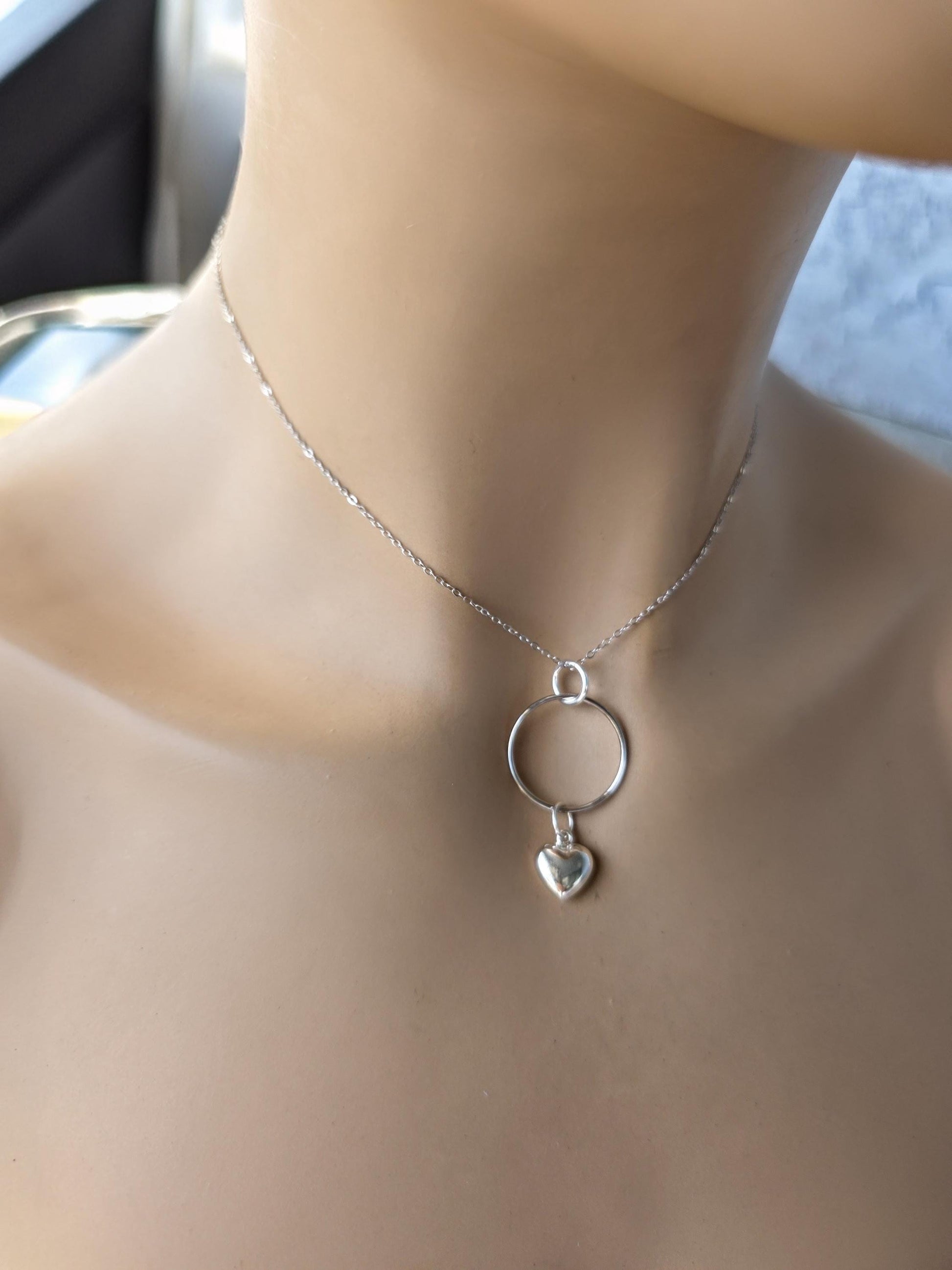 Sterling Silver Day Collar Necklace with Puffy Heart Charm - Locking Option - Handmade Artisan Luxury Partner Jewelry