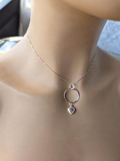 Sterling Silver Day Collar Necklace with Puffy Heart Charm - Locking Option - Handmade Artisan Luxury Partner Jewelry