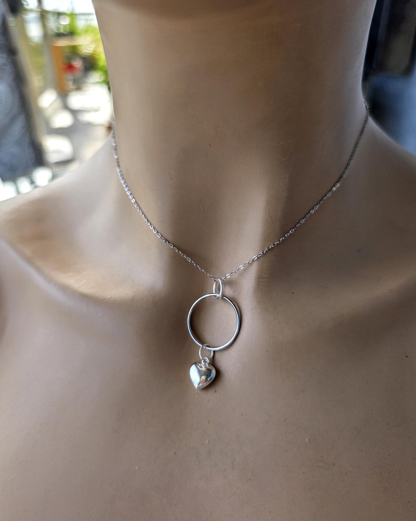 Sterling Silver Day Collar Necklace with Puffy Heart Charm - Locking Option - Handmade Artisan Luxury Partner Jewelry