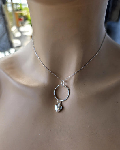 Sterling Silver Day Collar Necklace with Puffy Heart Charm - Locking Option - Handmade Artisan Luxury Partner Jewelry
