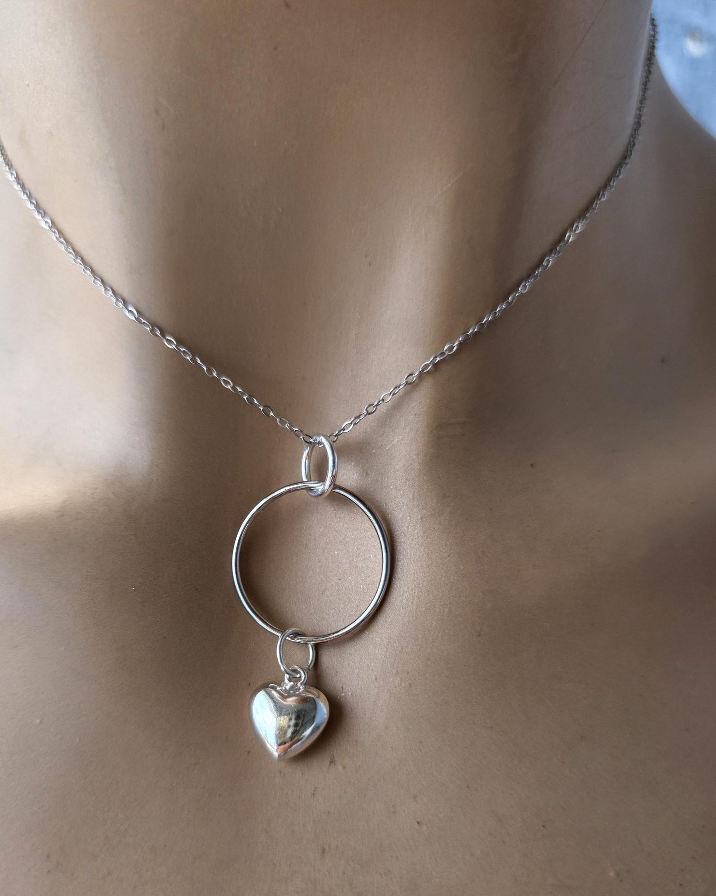 Sterling Silver Day Collar Necklace with Puffy Heart Charm - Locking Option - Handmade Artisan Luxury Partner Jewelry
