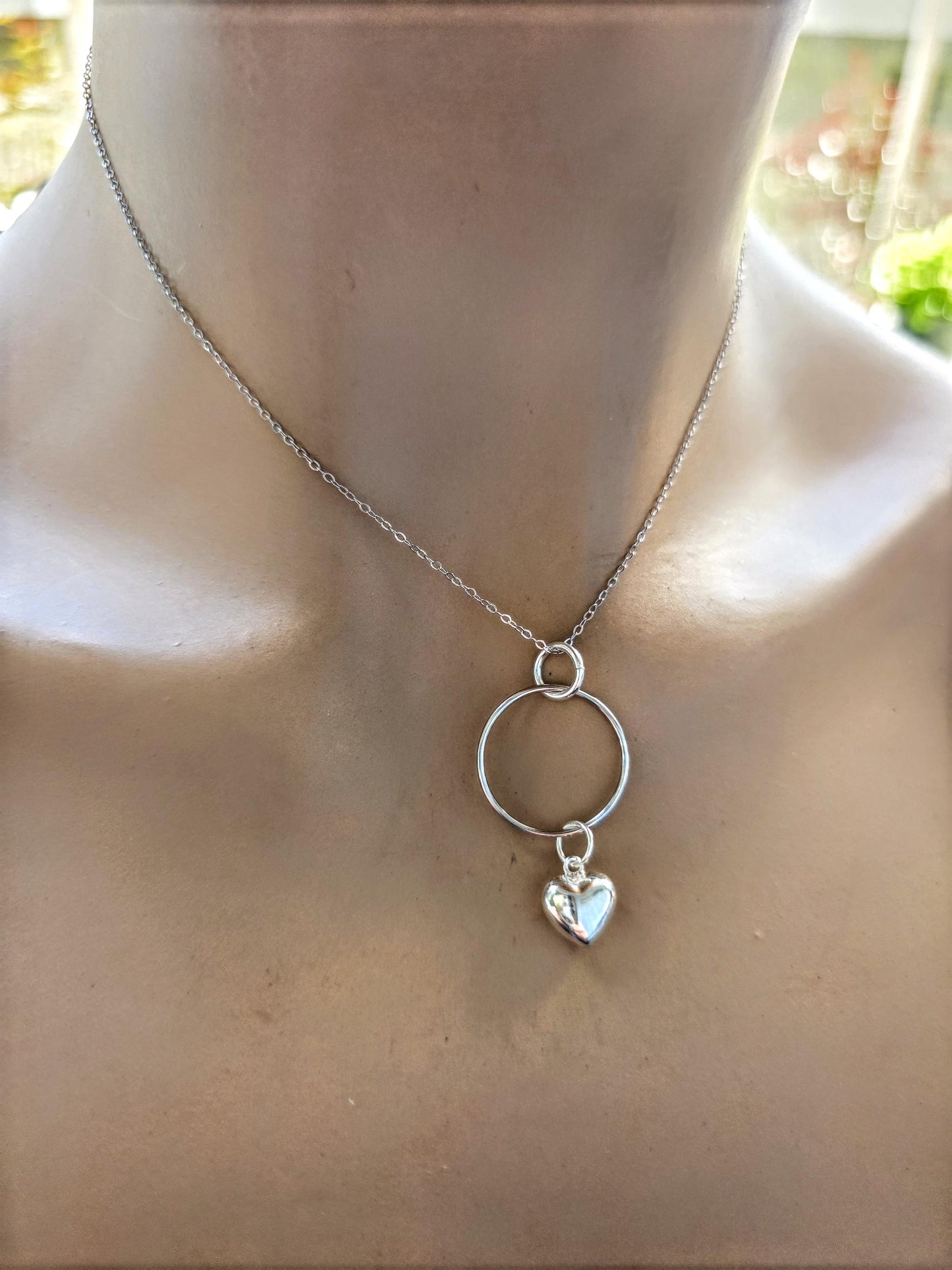 Sterling Silver Day Collar Necklace with Puffy Heart Charm - Locking Option - Handmade Artisan Luxury Partner Jewelry