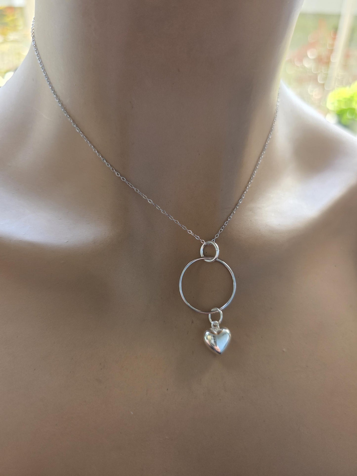 Sterling Silver Day Collar Necklace with Puffy Heart Charm - Locking Option - Handmade Artisan Luxury Partner Jewelry