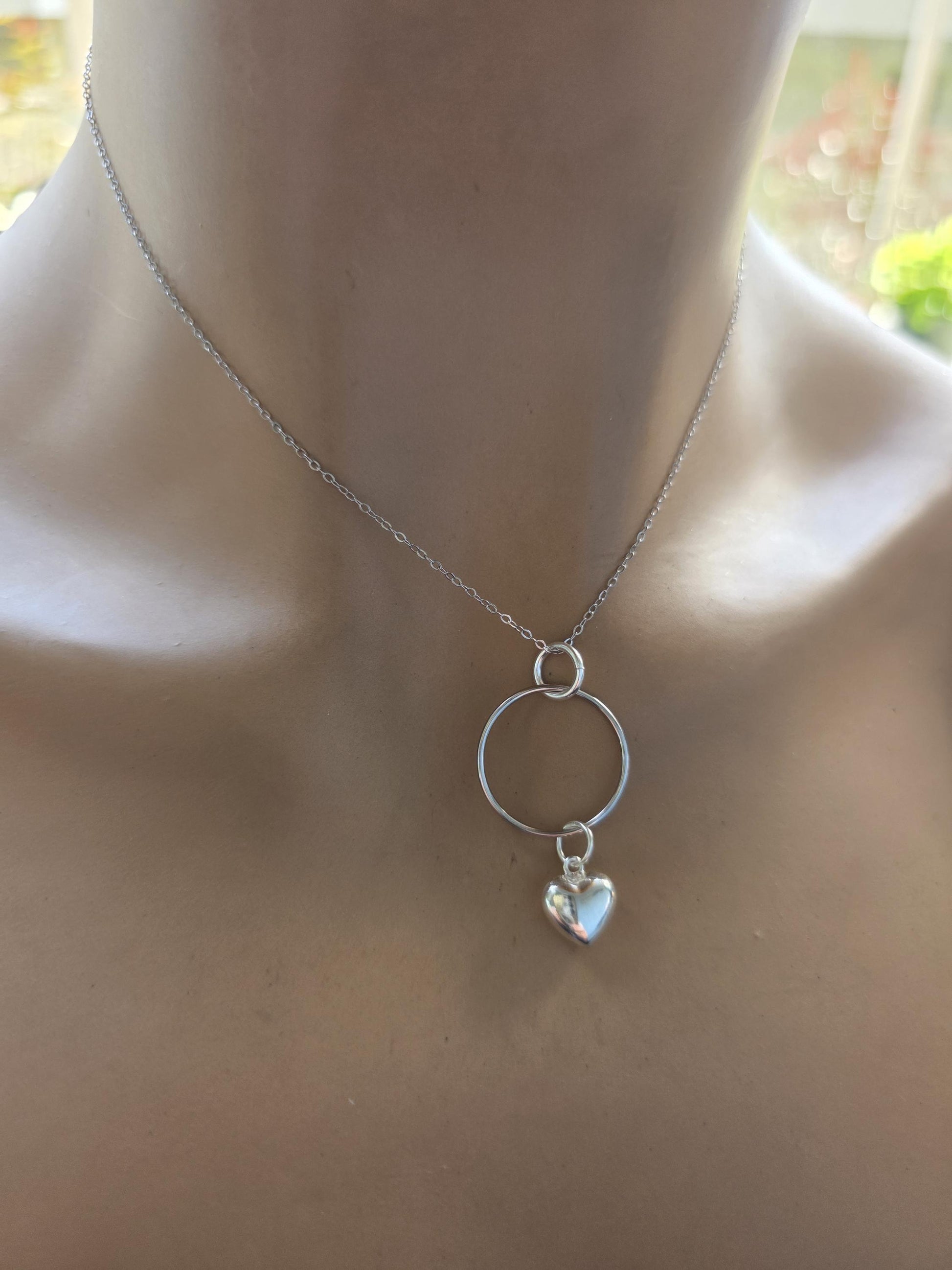 Sterling Silver Day Collar Necklace with Puffy Heart Charm - Locking Option - Handmade Artisan Luxury Partner Jewelry