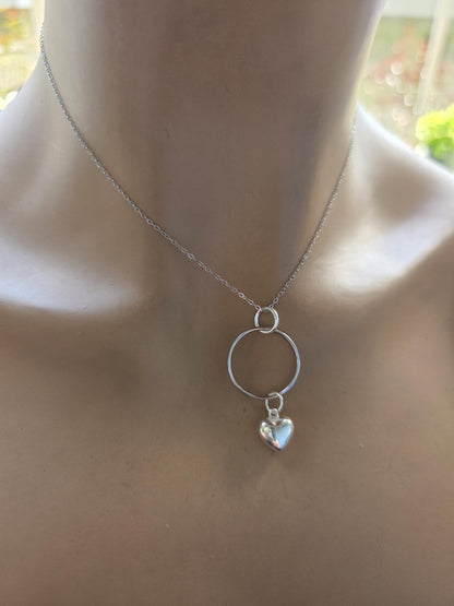 Sterling Silver Day Collar Necklace with Puffy Heart Charm - Locking Option - Handmade Artisan Luxury Partner Jewelry