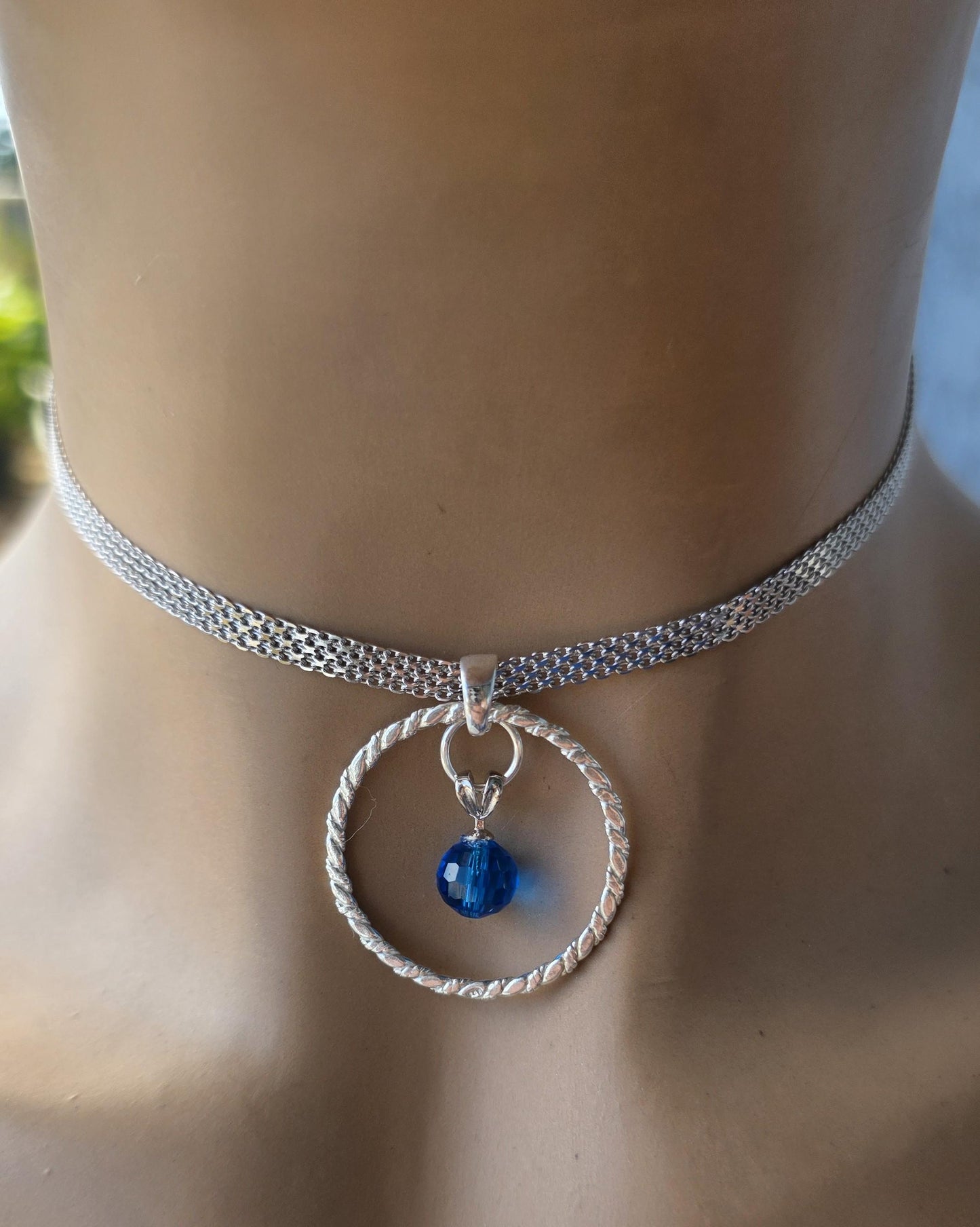 Sterling Silver Day Collar Necklace with Blue Austrian Crystal - Locking Option - Handmade Artisan Partner Jewelry