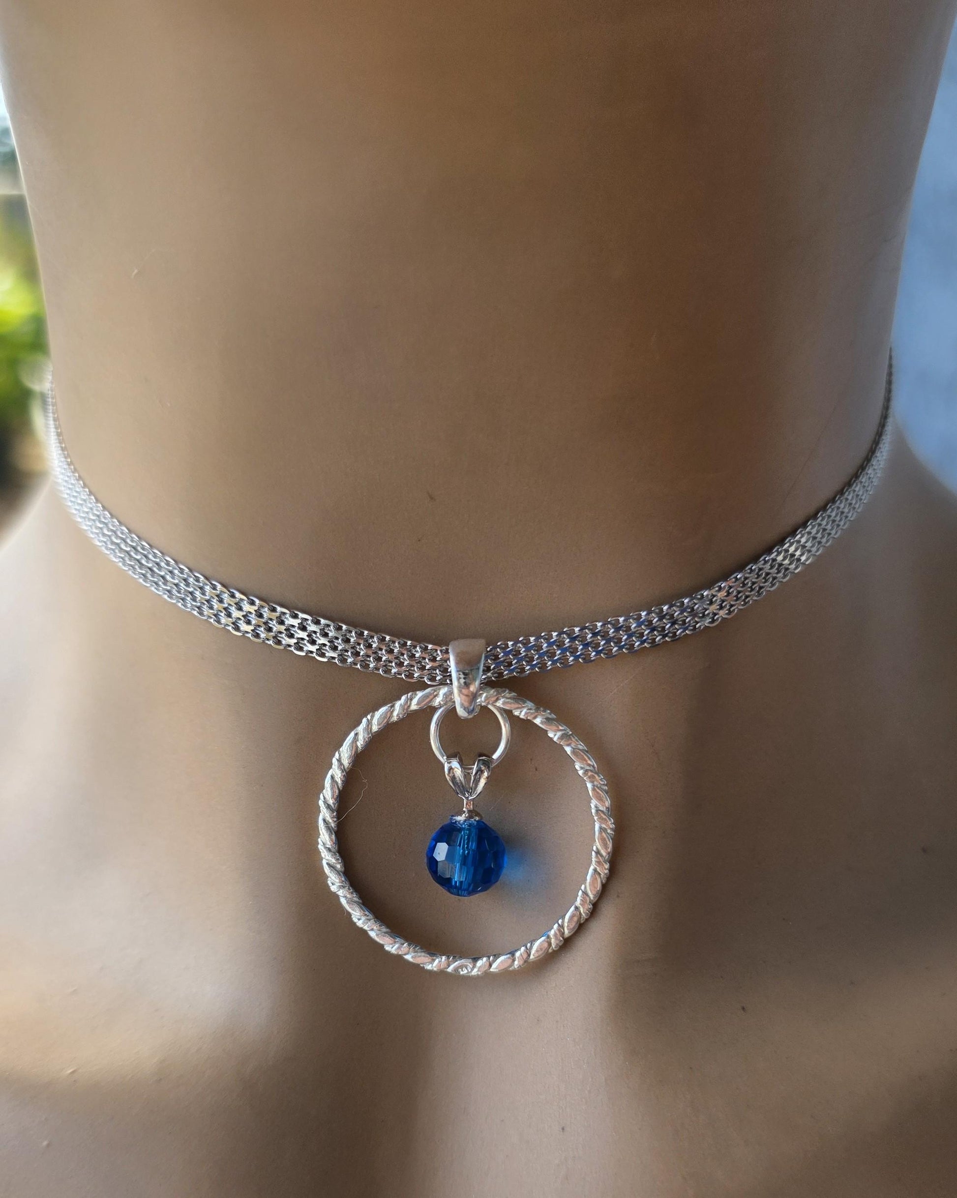 Sterling Silver Day Collar Necklace with Blue Austrian Crystal - Locking Option - Handmade Artisan Partner Jewelry