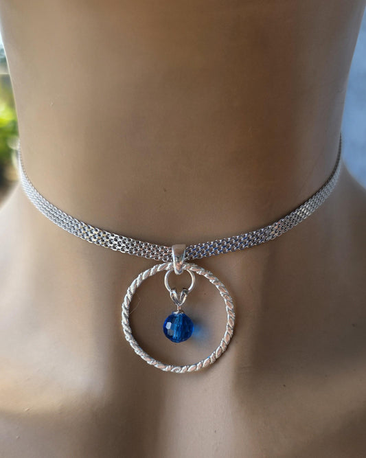 Sterling Silver Day Collar Necklace with Blue Austrian Crystal - Locking Option - Handmade Artisan Partner Jewelry