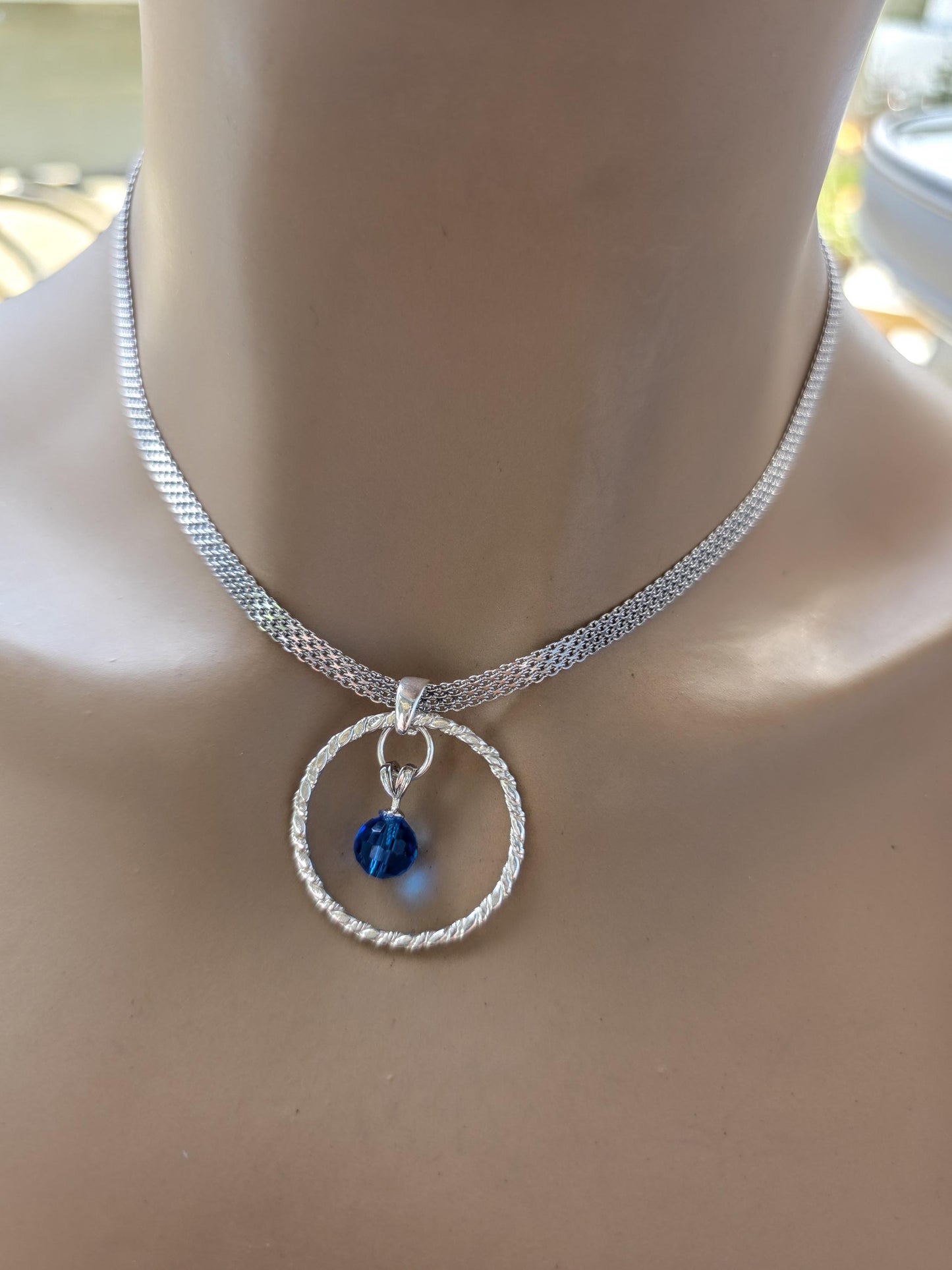 Sterling Silver Day Collar Necklace with Blue Austrian Crystal - Locking Option - Handmade Artisan Partner Jewelry