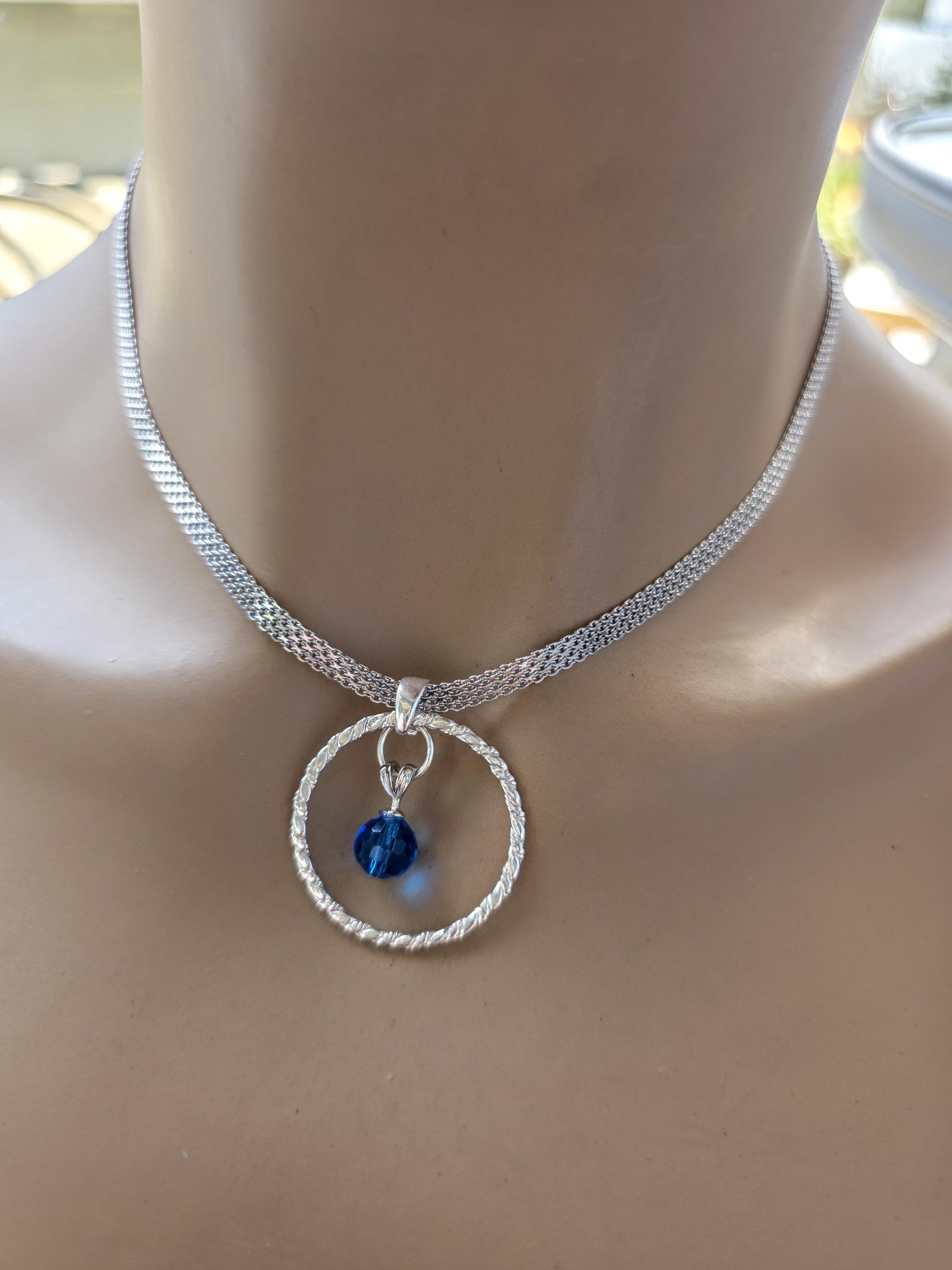 Sterling Silver Day Collar Necklace with Blue Austrian Crystal - Locking Option - Handmade Artisan Partner Jewelry
