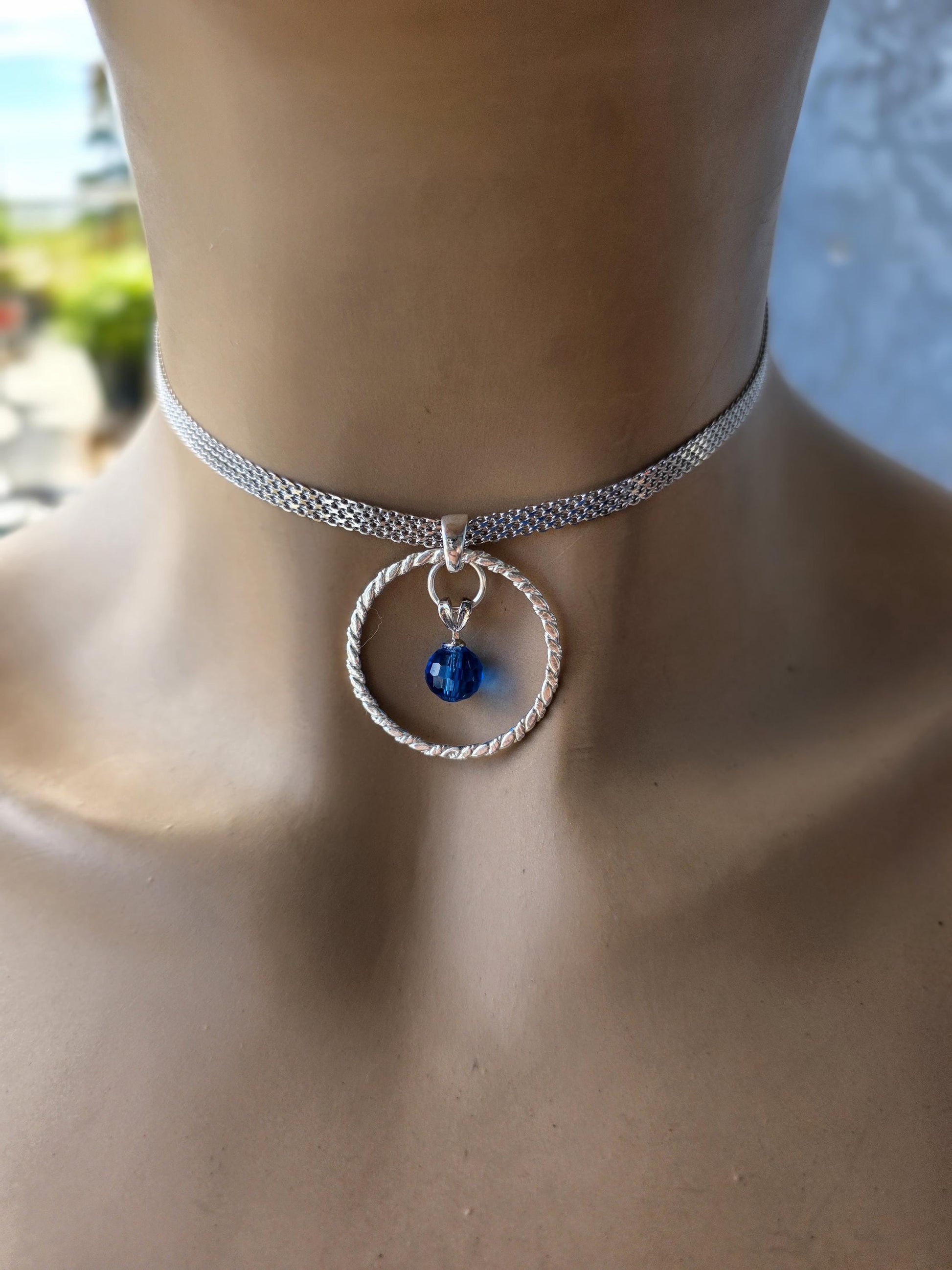 Sterling Silver Day Collar Necklace with Blue Austrian Crystal - Locking Option - Handmade Artisan Partner Jewelry