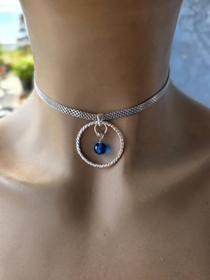 Sterling Silver Day Collar Necklace with Blue Austrian Crystal - Locking Option - Handmade Artisan Partner Jewelry