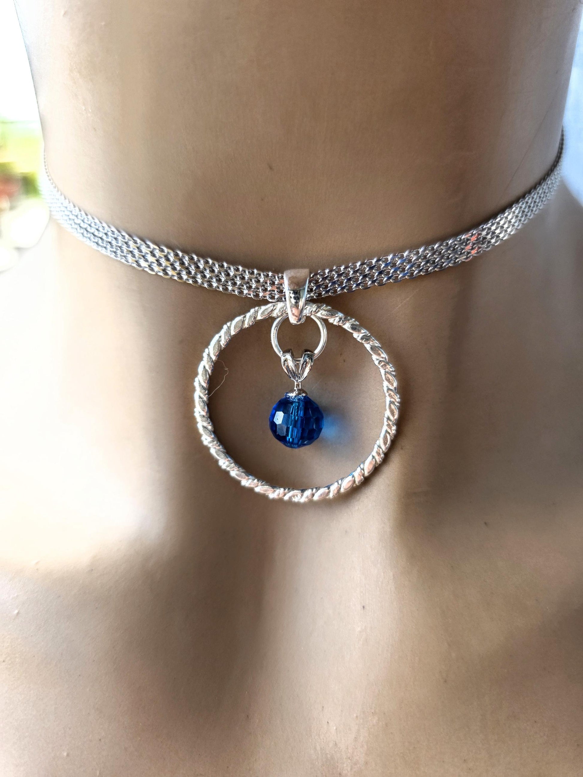 Sterling Silver Day Collar Necklace with Blue Austrian Crystal - Locking Option - Handmade Artisan Partner Jewelry