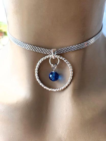 Sterling Silver Day Collar Necklace with Blue Austrian Crystal - Locking Option - Handmade Artisan Partner Jewelry