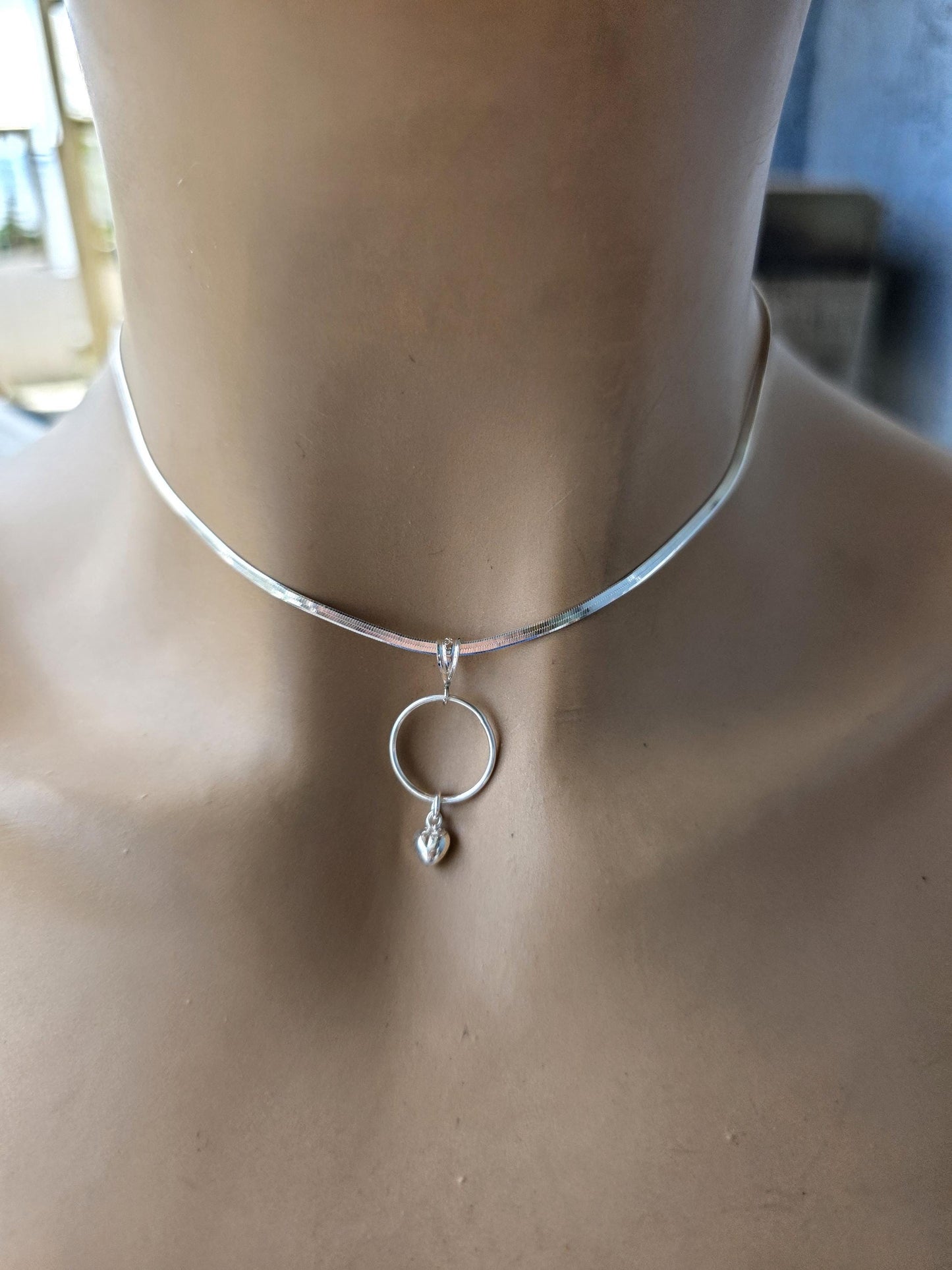 Sterling Silver Day Collar Necklace with Heart Charm on Herringbone Chain - Locking Option - Partner Jewelry