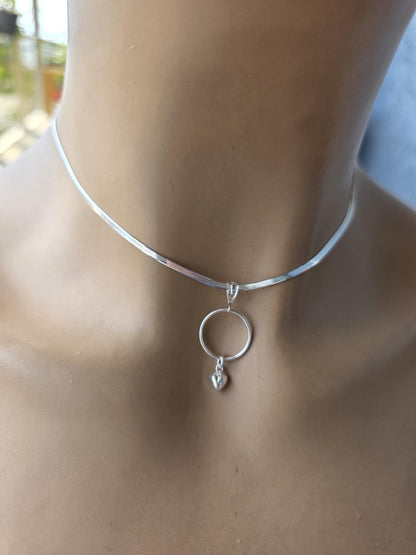 Sterling Silver Day Collar Necklace with Heart Charm on Herringbone Chain - Locking Option - Partner Jewelry
