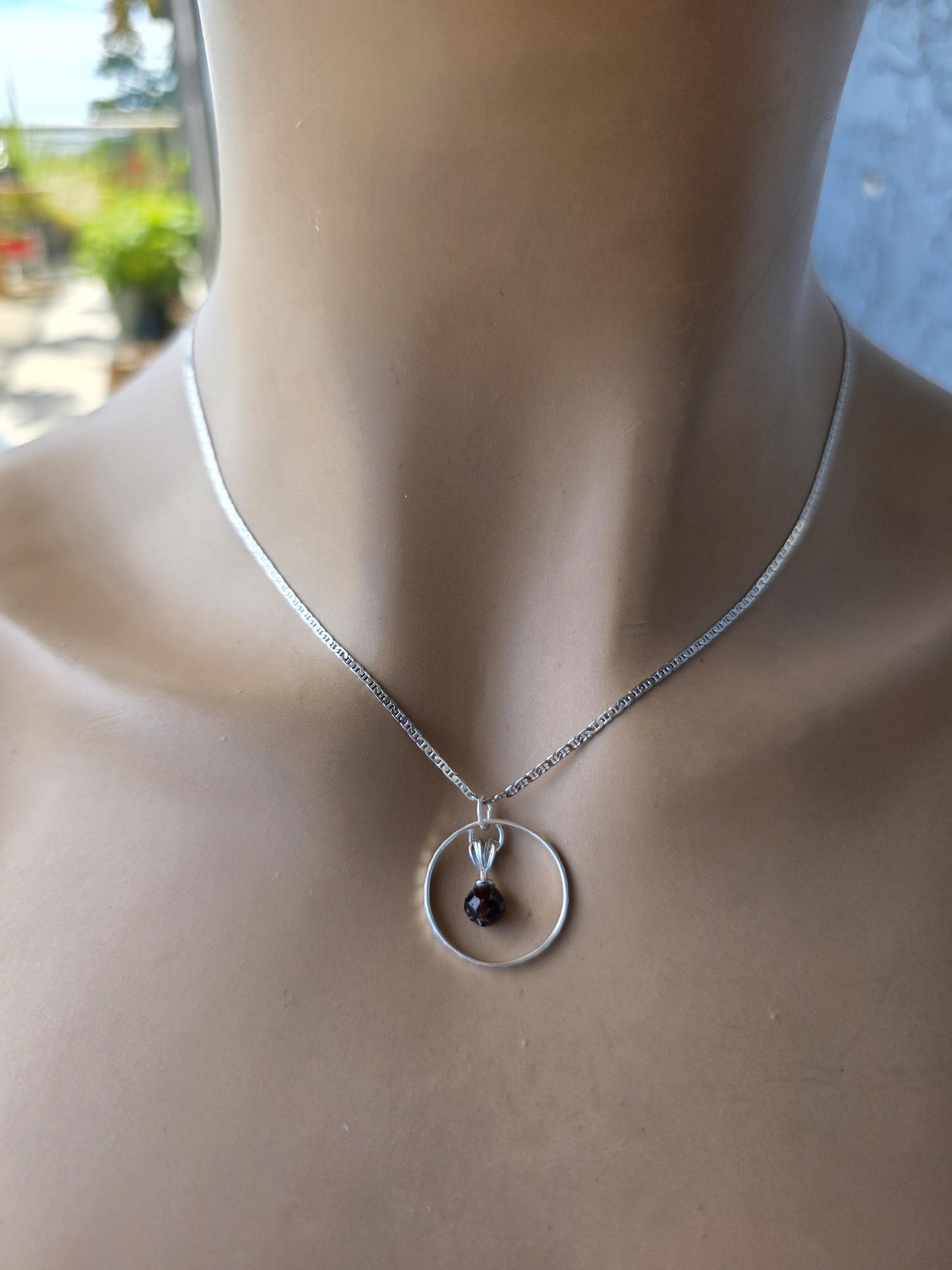 Sterling Silver Day Collar Necklace with Garnet - Locking Option - Handmade Artisan Partner Jewelry