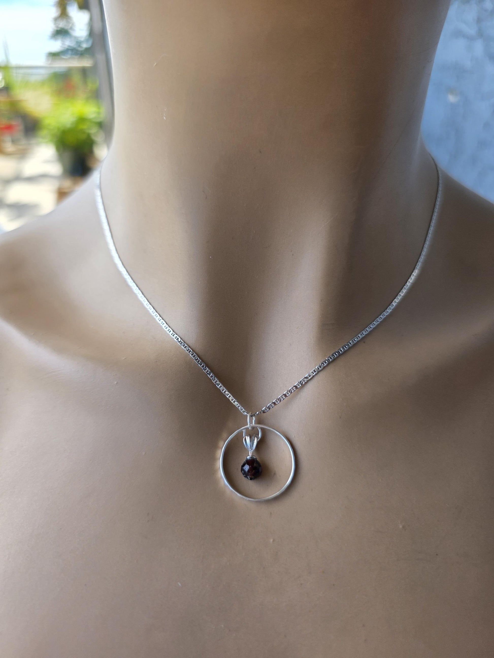 Sterling Silver Day Collar Necklace with Garnet - Locking Option - Handmade Artisan Partner Jewelry