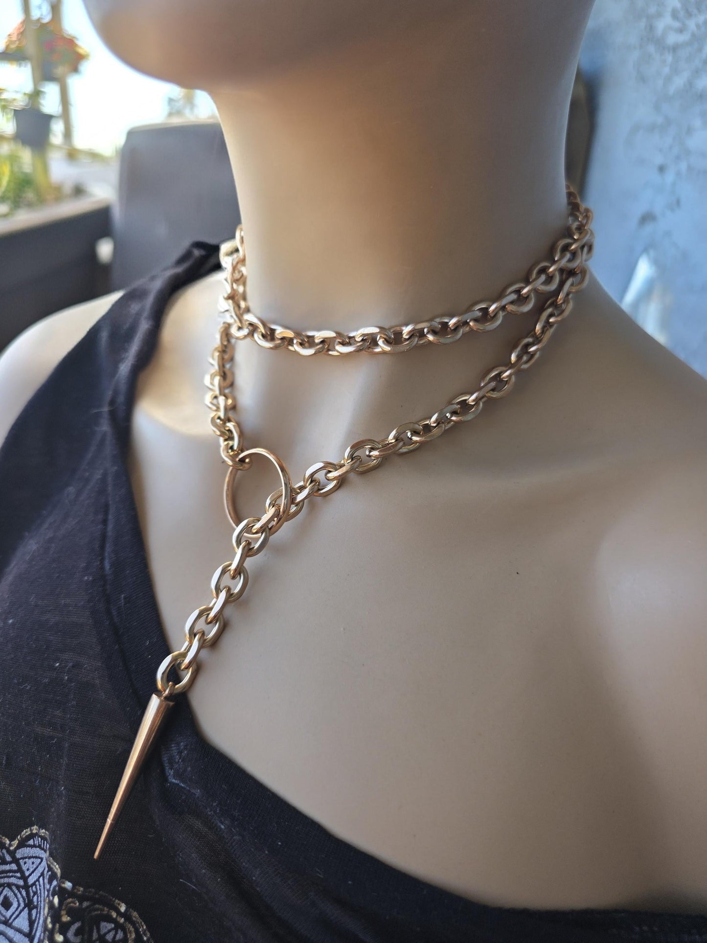 Rose Gold Steel Choker Style Layered Lariat Spike Necklace - Adjustable Clasp