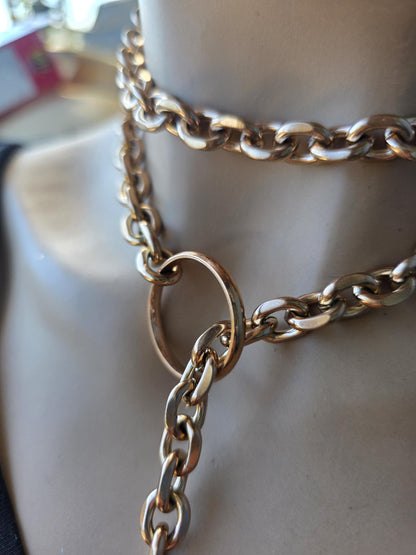 Rose Gold Steel Choker Style Layered Lariat Spike Necklace - Adjustable Clasp