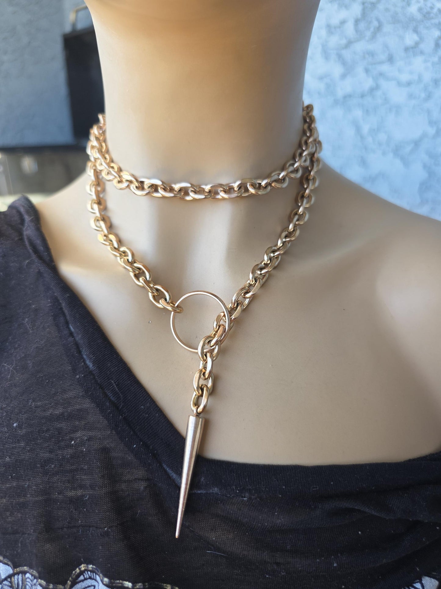 Rose Gold Steel Choker Style Layered Lariat Spike Necklace - Adjustable Clasp