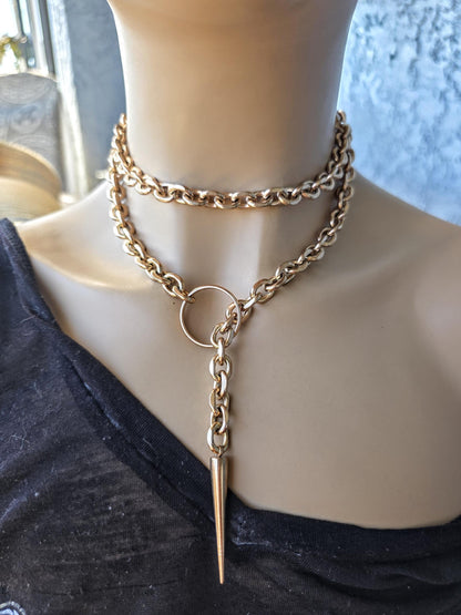 Rose Gold Steel Choker Style Layered Lariat Spike Necklace - Adjustable Clasp