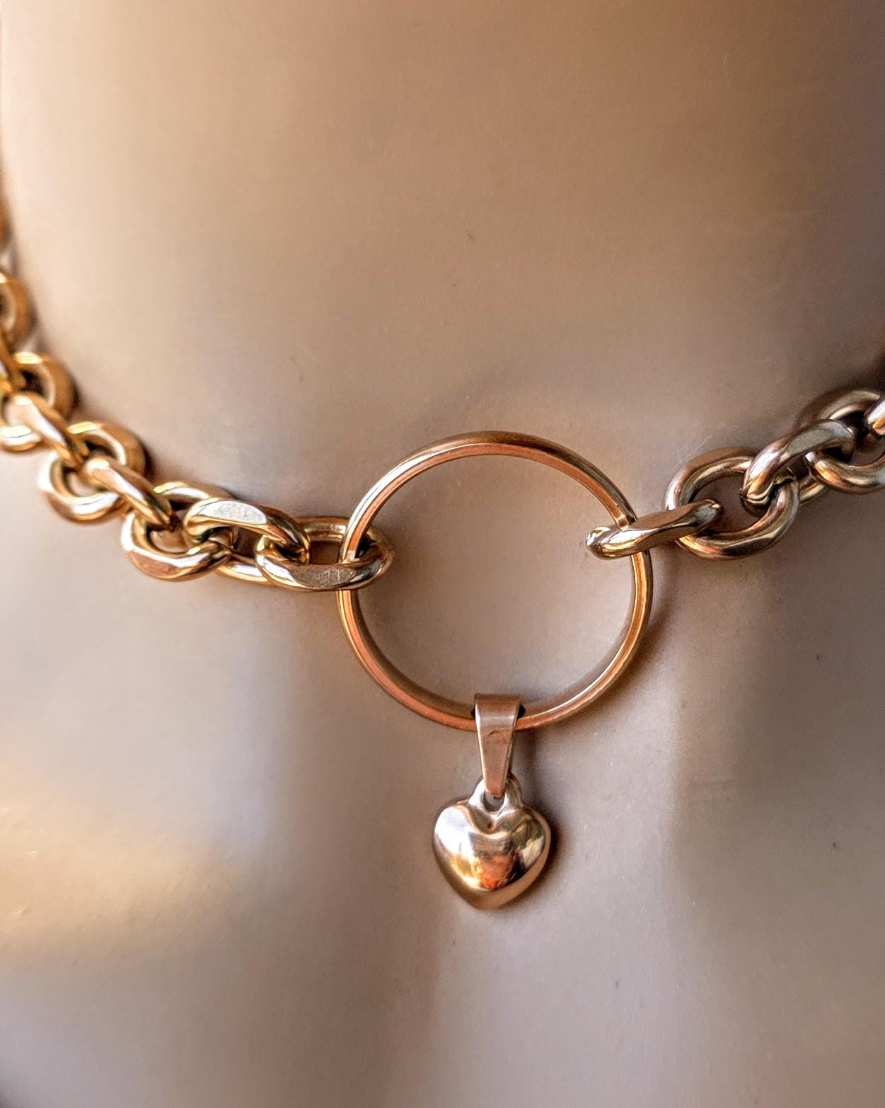 Rose Gold Steel Day Collar Choker Style Necklace with Heart Charm - Adjustable or Locking Clasp