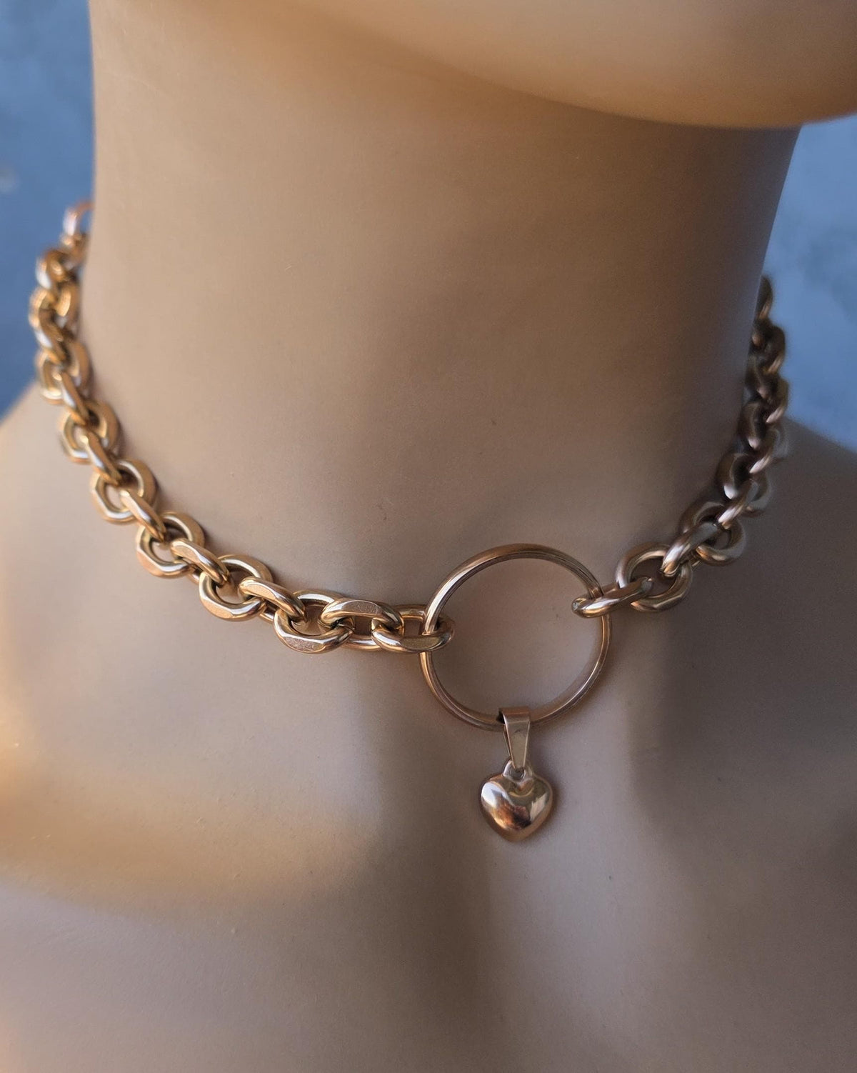 Rose Gold Steel Day Collar Choker Style Necklace with Heart Charm - Adjustable or Locking Clasp
