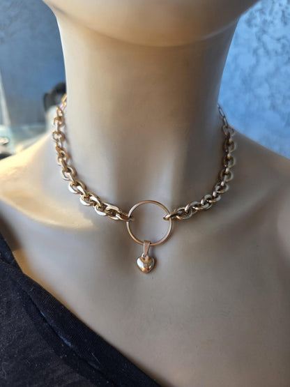 Rose Gold Steel Day Collar Choker Style Necklace with Heart Charm - Adjustable or Locking Clasp