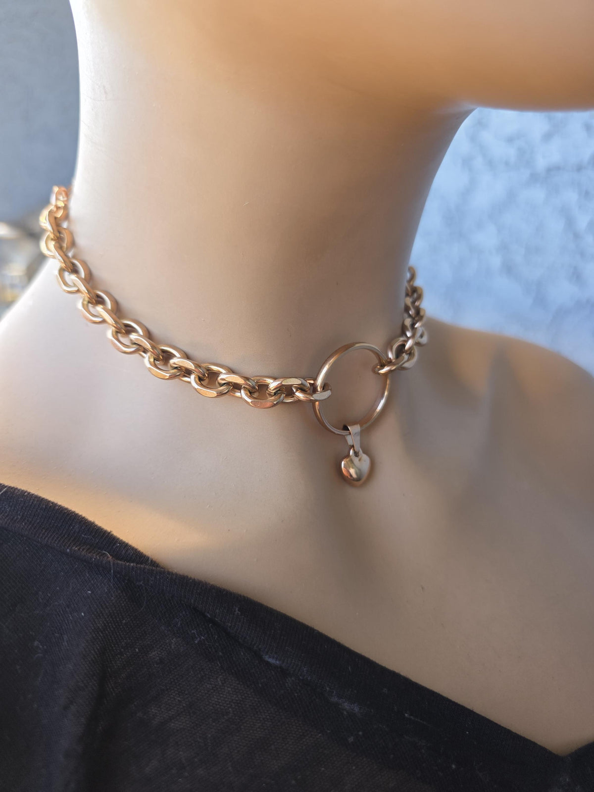 Rose Gold Steel Day Collar Choker Style Necklace with Heart Charm - Adjustable or Locking Clasp