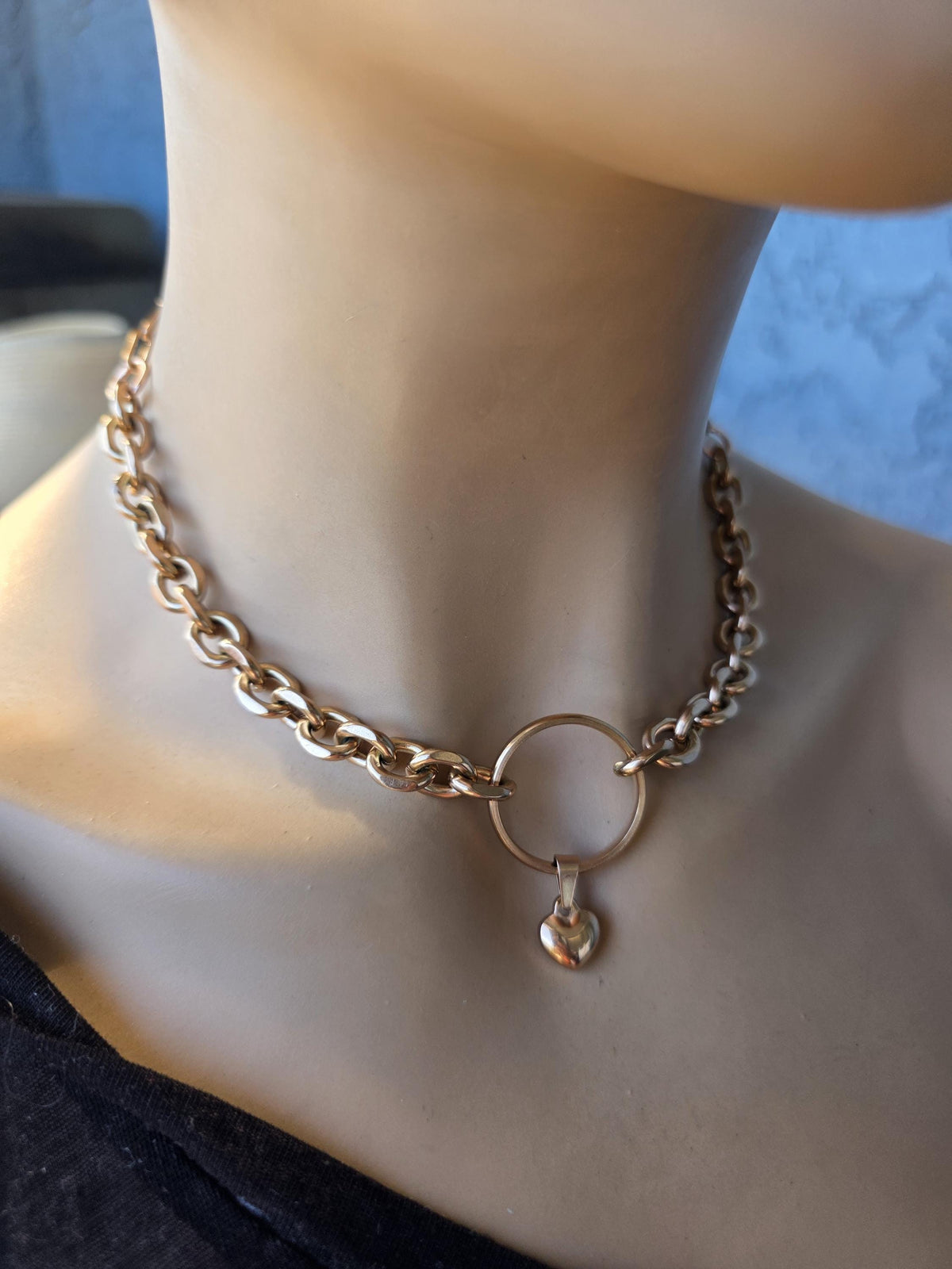 Rose Gold Steel Day Collar Choker Style Necklace with Heart Charm - Adjustable or Locking Clasp