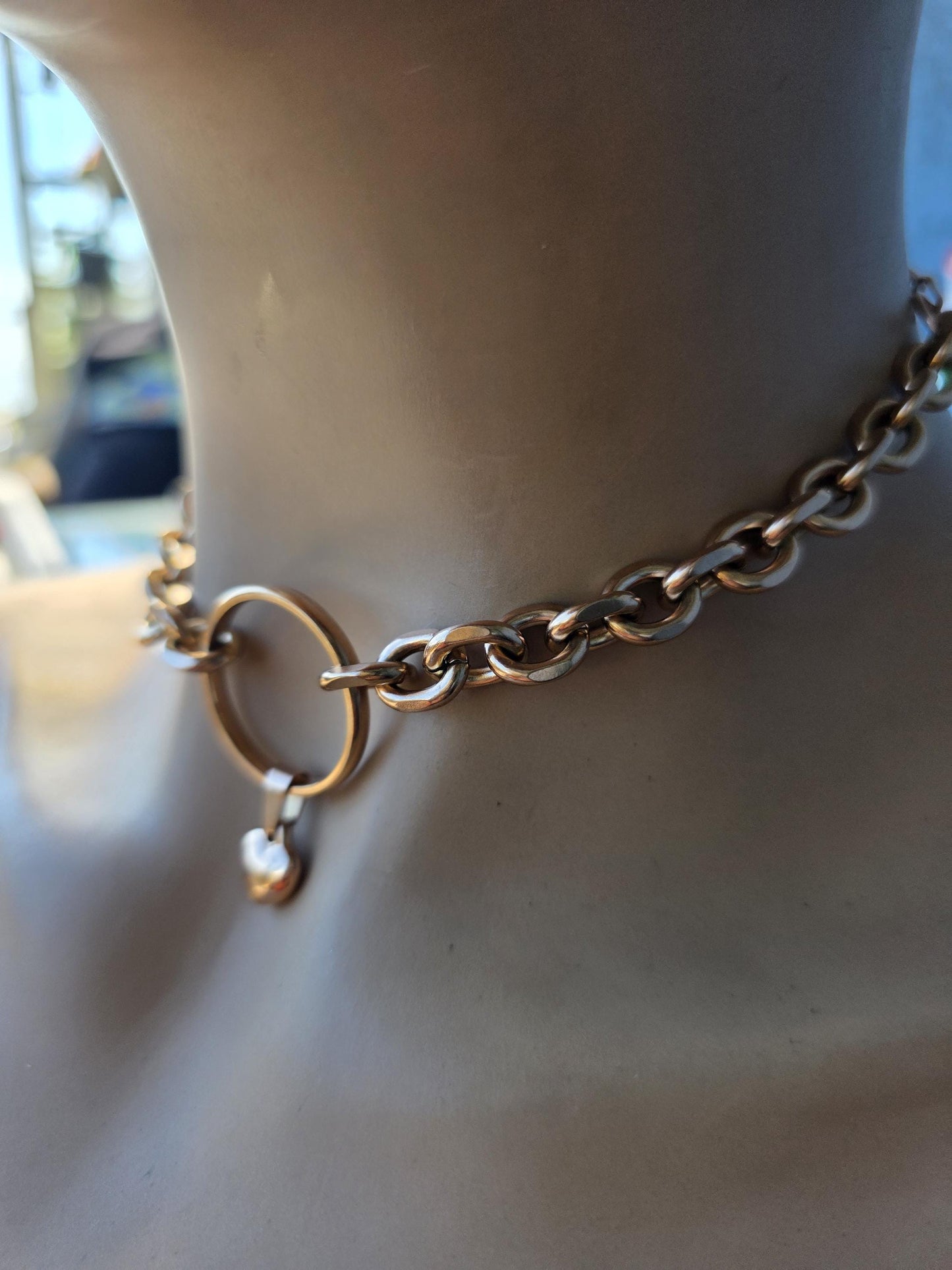 Rose Gold Steel Day Collar Choker Style Necklace with Heart Charm - Adjustable or Locking Clasp