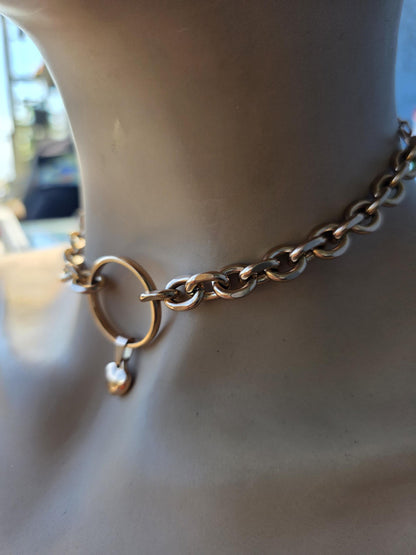 Rose Gold Steel Day Collar Choker Style Necklace with Heart Charm - Adjustable or Locking Clasp