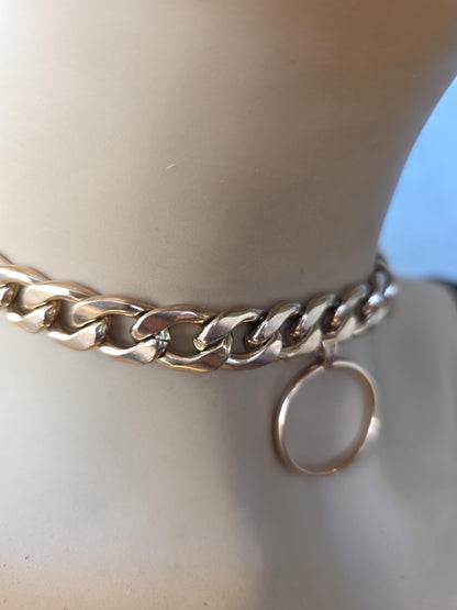 Rose Gold Steel Day Collar Choker Style Necklace with O Ring - Adjustable or Locking Clasp